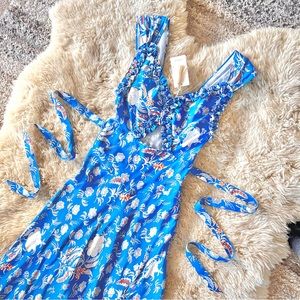 ❄️🩵DÔEN ‘Amoretta’ Silk Azure Hollyhock Hills Ruffle Maxi Dress Blue XS